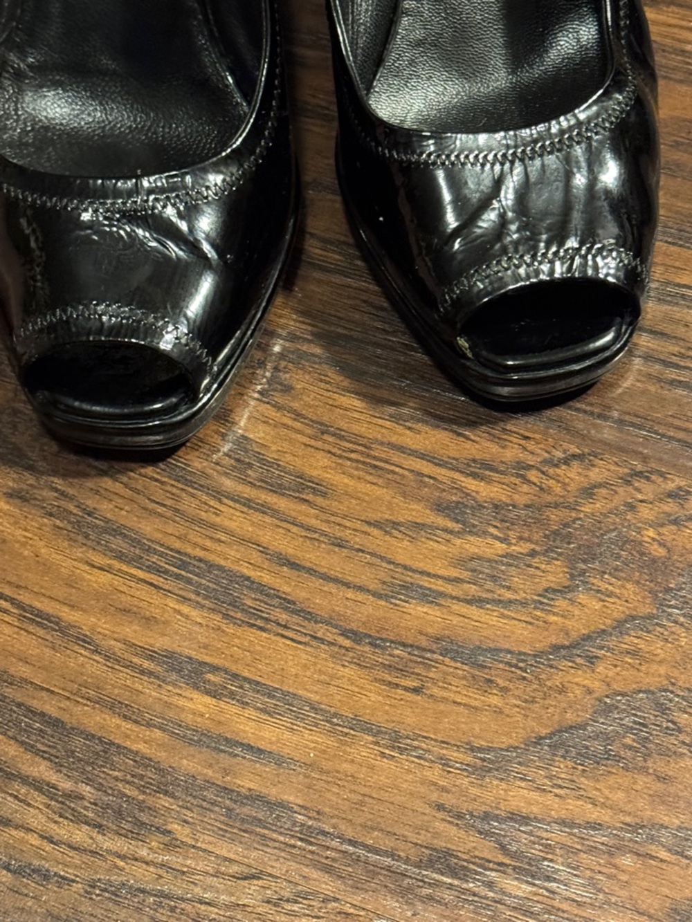 Prada Black Patent Slingback Peep-Toe Wedge Pumps - Picture 11 of 15